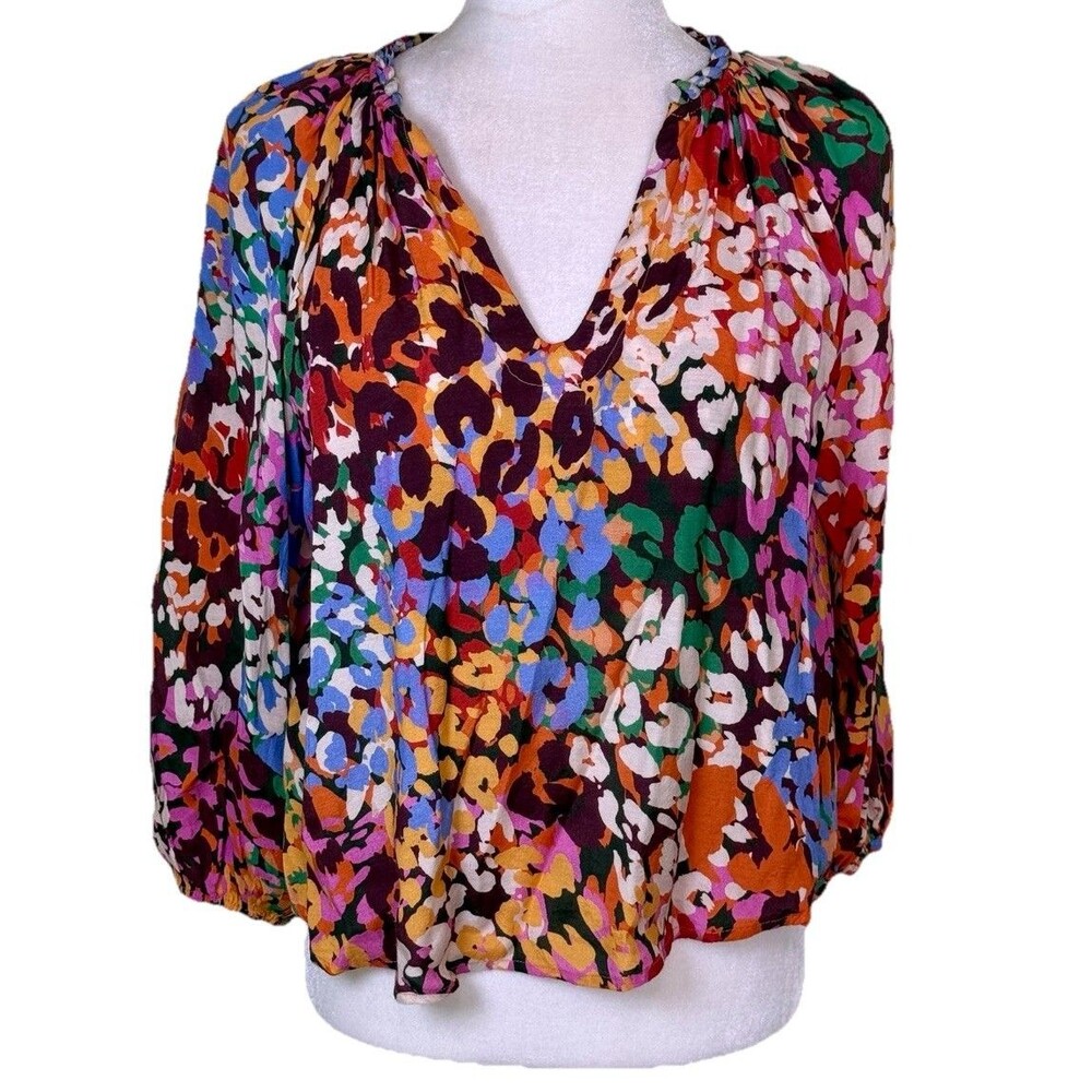 Women’s Colorful Boho V-Neck Peasant Top Puff Sleeve Artsy Eclectic Flowy‎ XS